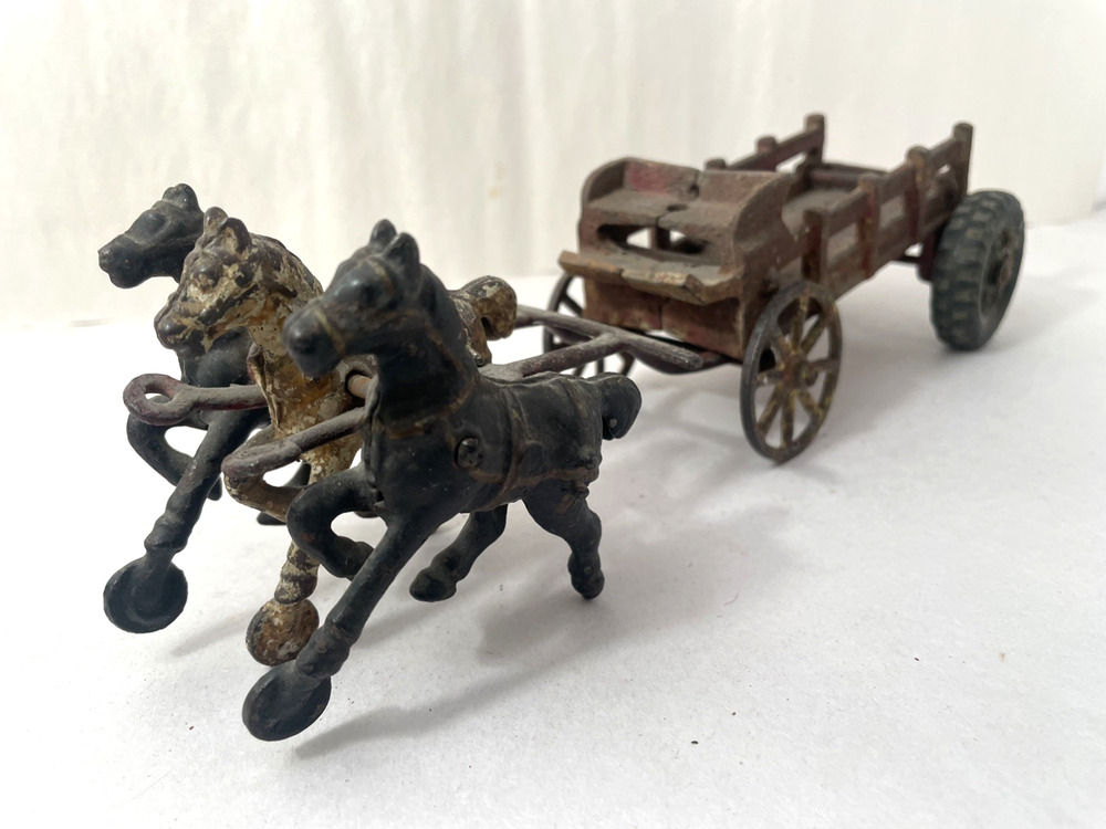 Antique Cast Iron 3 Horse Wagon Toy 11โ Farm Cart Rubber Wheels AS-IS